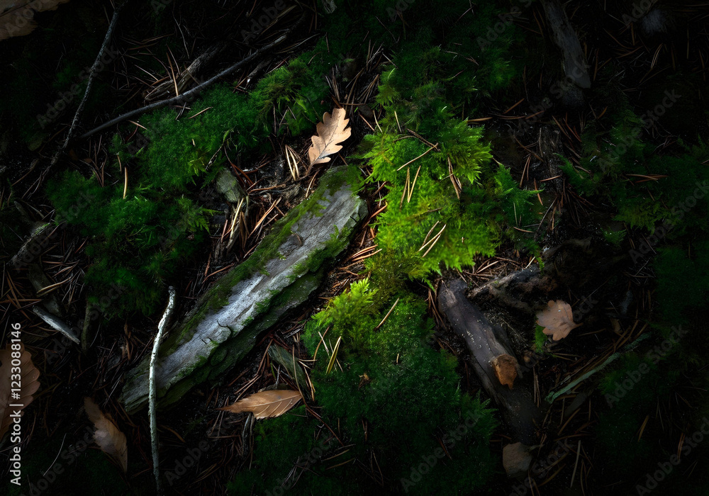 Forest floor covered with vibrant green moss and organic natural textures Forest floor covered with vibrant green moss and organic natural textures