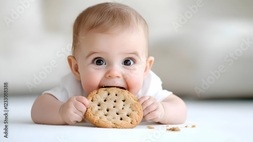 Happy baby eating cookie on floor, indoor