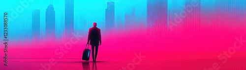 Silhouette of a Businessman Walking in a Dreamlike Cityscape with Colorful Shades of Blue and Pink against Abstract Urban Background photo