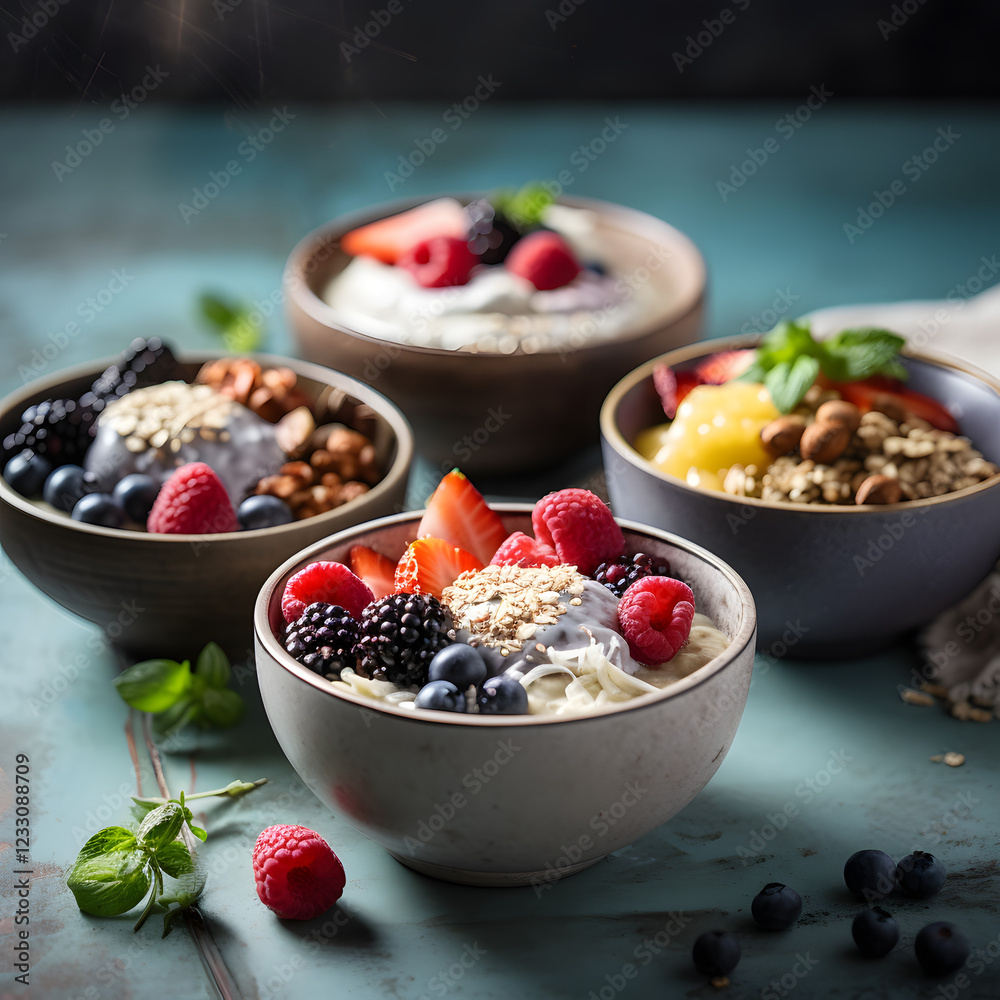 breakfast bowl of yogurt with fresh fruits, nuts, and seeds. The bowl contains blueberries, raspberries, strawberries, almonds, chia seeds, pumpkin seeds, granola. bowl on rustic background.