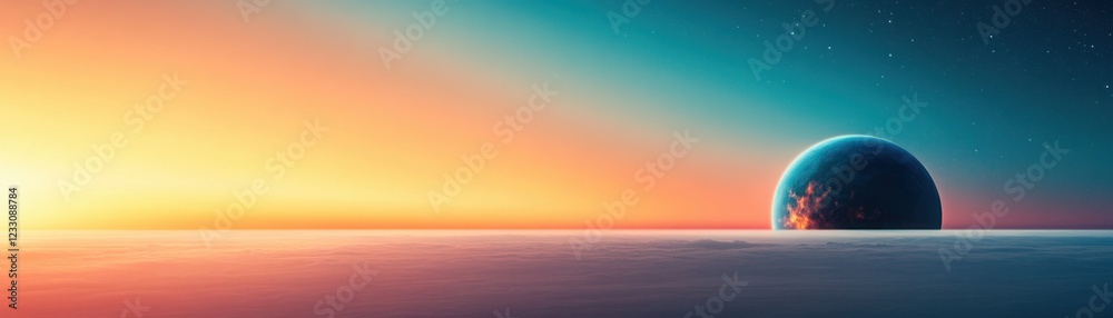 Obraz premium Beautiful cosmic landscape featuring a vibrant sunset blending with serene ocean waves and a distant planet in a clear twilight sky