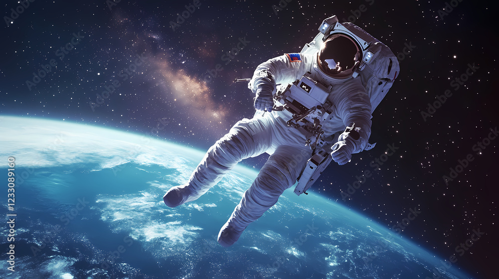 Fototapeta premium An astronaut gracefully floating in zero gravity above the blue and green earth, the milky way arching across the star-filled sky in the background, soft cosmic light. Stellar Arch. Illustration