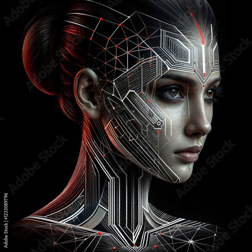 High-tech girl. Concept of AI of the future, wearable AI devices. Cybernetic of the future. photo