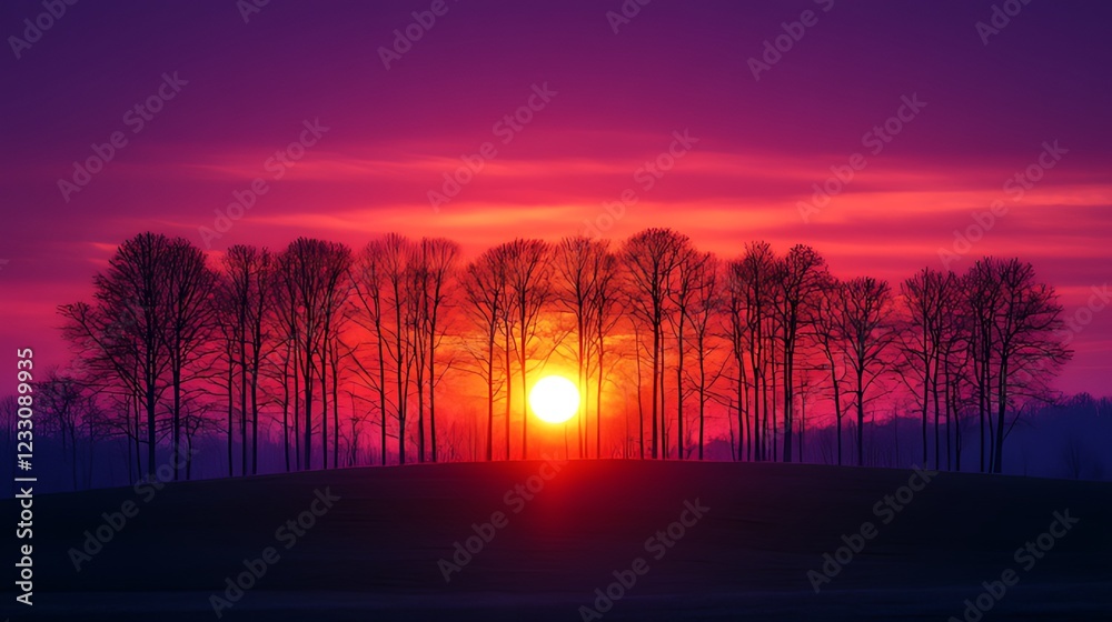 Fototapeta premium Sunset silhouettes, trees, field, vibrant sky, nature