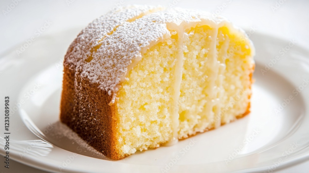 A slice of fluffy lemon pound cake with a lemon glaze drizzle and a sprinkle of powdered sugar, placed on a plain white plate, Slice centered with a slightly angled view A slice of fluffy lemon pound cake with a lemon glaze drizzle and a sprinkle of powdered sugar, placed on a plain white plate, Slice centered with a slightly angled view
