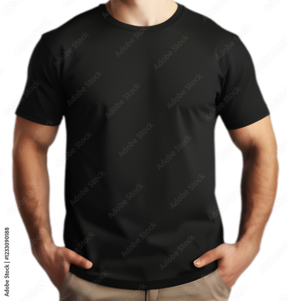 Black t-shirt mockup showing front views, isolated on a transparent PNG background. Black t-shirt mockup showing front views, isolated on a transparent PNG background.