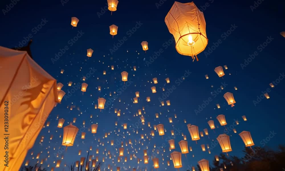 Illuminated Floating Lanterns Against Dark Blue Night Sky, Capturing the Celebration Atmosphere with Warm Glowing Lights in a Visually Captivating Scene Highlighting Cultural Event and Traditions