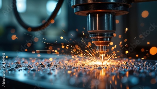 CNC milling machine cuts metal creating sparks. Precision machining process. Industrial manufacturing environment. High tech production. Metalwork in progress. Close-up view of industrial tool,