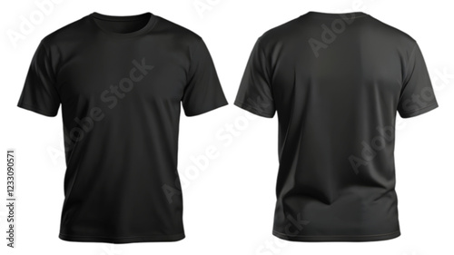 Black t-shirt mockup showing front and back views of a black t-shirt total both side view mockup, isolated on a transparent PNG background.