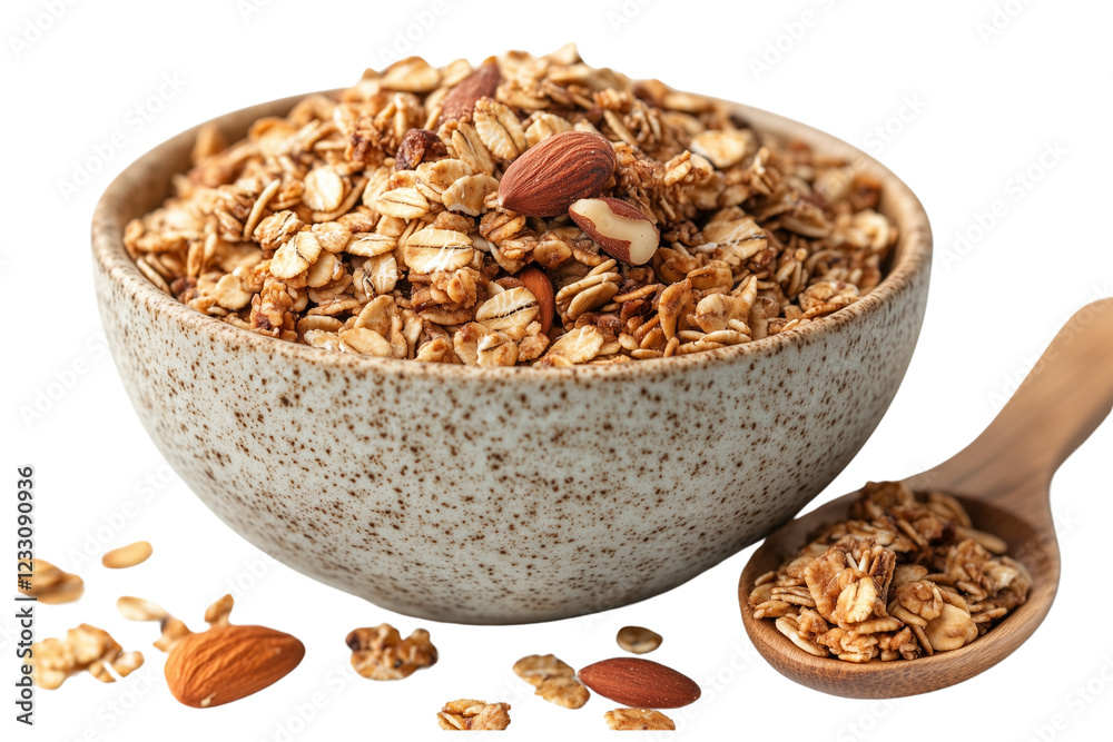 A ceramic bowl filled with granola, next to a wooden spoon with a scoop of granola - isolated on transparent backgtound PNG A ceramic bowl filled with granola, next to a wooden spoon with a scoop of granola - isolated on transparent backgtound PNG