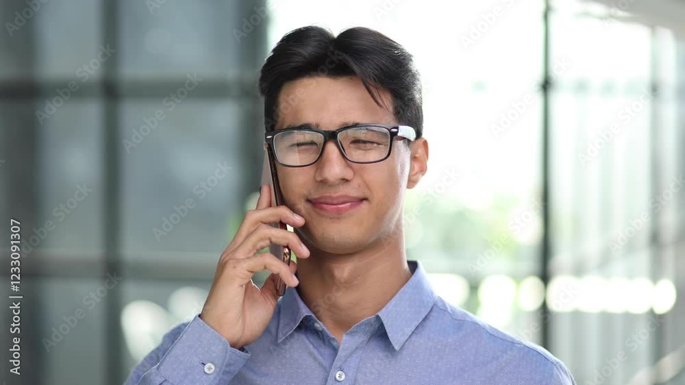 Businessman making a phone call while standing in the lobby of a modern office Businessman making a phone call while standing in the lobby of a modern office