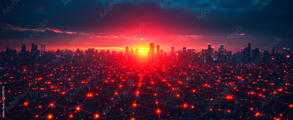 Fototapeta premium City skyline illuminated by sunset glow. A vibrant city skyline is bathed in a stunning sunset, with glowing network lines connecting the buildings.