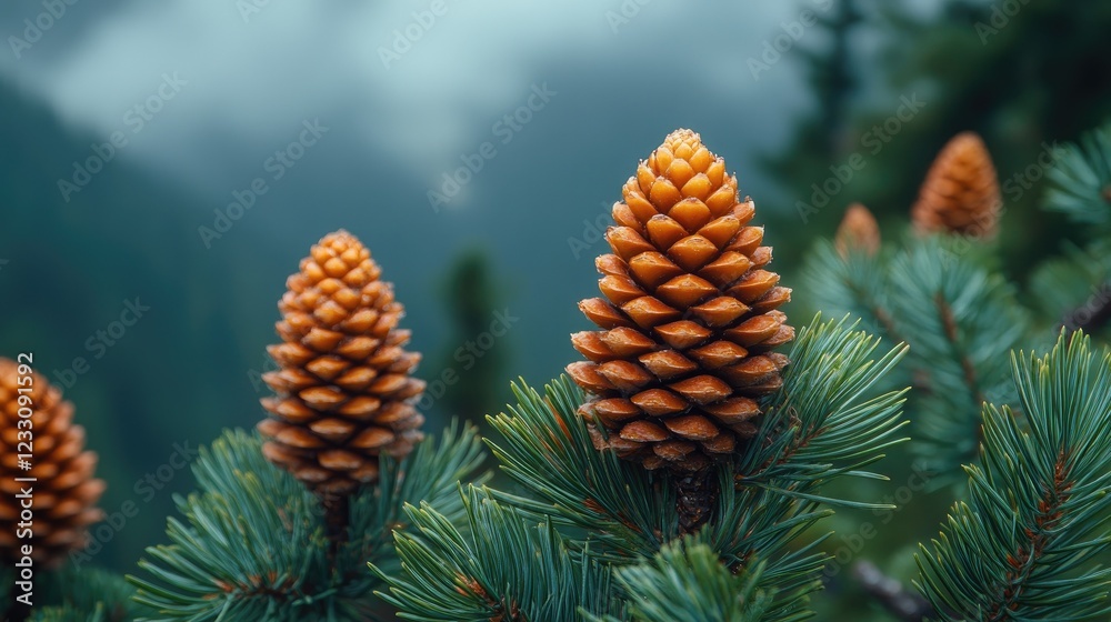 Pine Cones on Evergreen Branches Mountain Background Pine Cones on Evergreen Branches Mountain Background