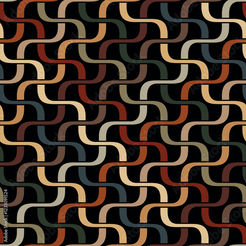 Decorative woven mesh composed of wavy multicolored diagonal lines on a black background. Seamless repeating pattern. Abstract geometric vector illustration.