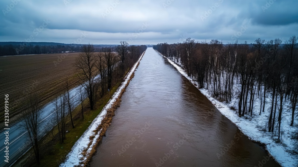 Naklejka premium Winter canal aerial view, farmland background