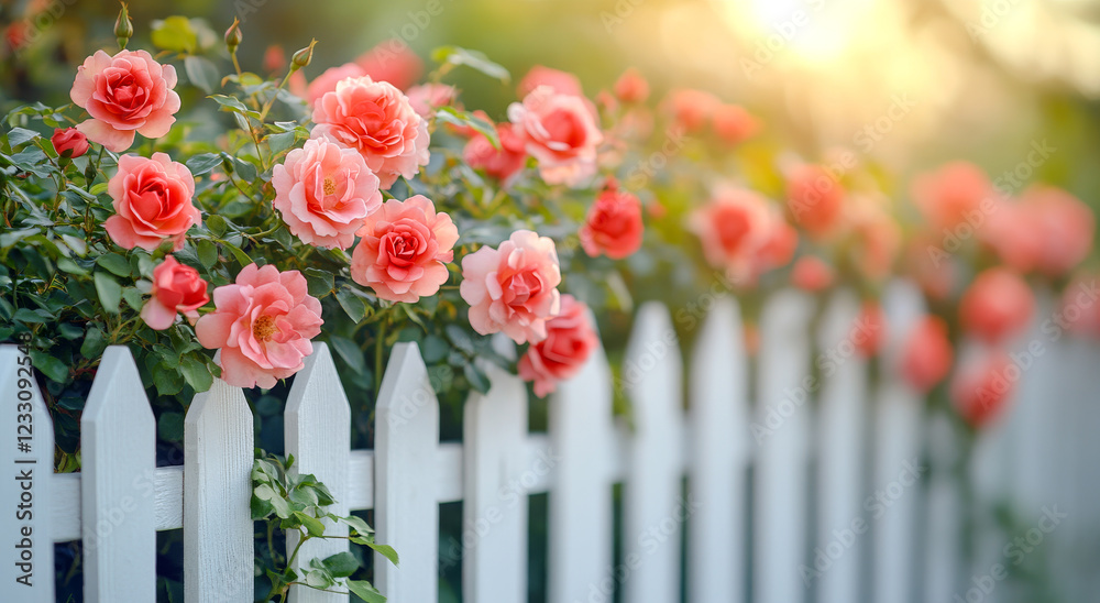 Fototapeta premium Beautiful pink roses blooming by a fence. Vibrant pink roses flourish against a white picket fence in a sunny garden during springtime.