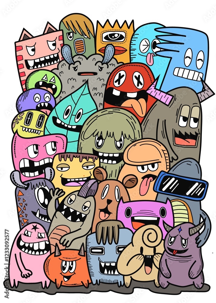 Fototapeta premium Hand-drawn illustrations, monsters doodle, Hand Drawn cartoon monster illustration,Cartoon crowd doodle hand-drawn Doodle style.