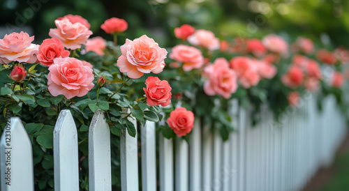 Fototapeta Naklejka Na Ścianę i Meble -  Blooming pink roses along a white fence. Pink roses flourish beside a white picket fence in a vibrant garden during a sunny afternoon.