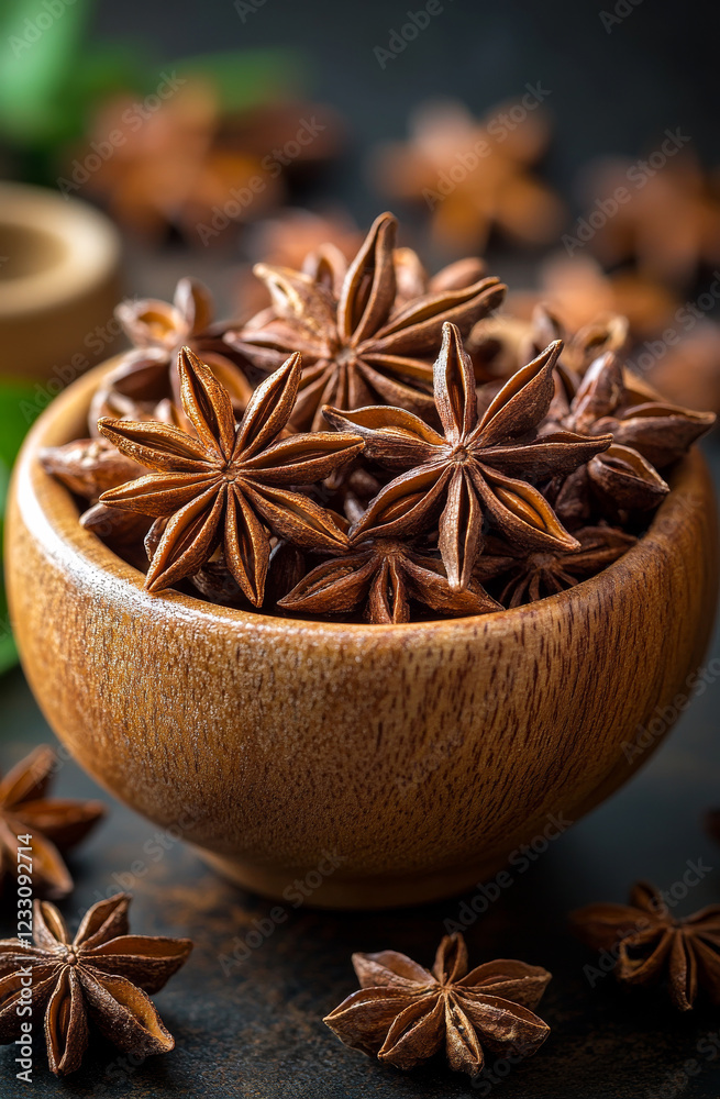 Star anise showcased in a wooden bowl. Star anise seeds are beautifully arranged in a wooden bowl with scattered seeds and green leaves around. Star anise showcased in a wooden bowl. Star anise seeds are beautifully arranged in a wooden bowl with scattered seeds and green leaves around.