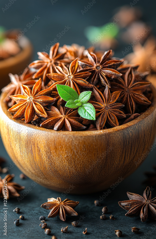 Star anise in a wooden bowl with herbs. A wooden bowl filled with star anise sits beautifully next to green herbs, showcasing rich spices on a dark surface. Star anise in a wooden bowl with herbs. A wooden bowl filled with star anise sits beautifully next to green herbs, showcasing rich spices on a dark surface.
