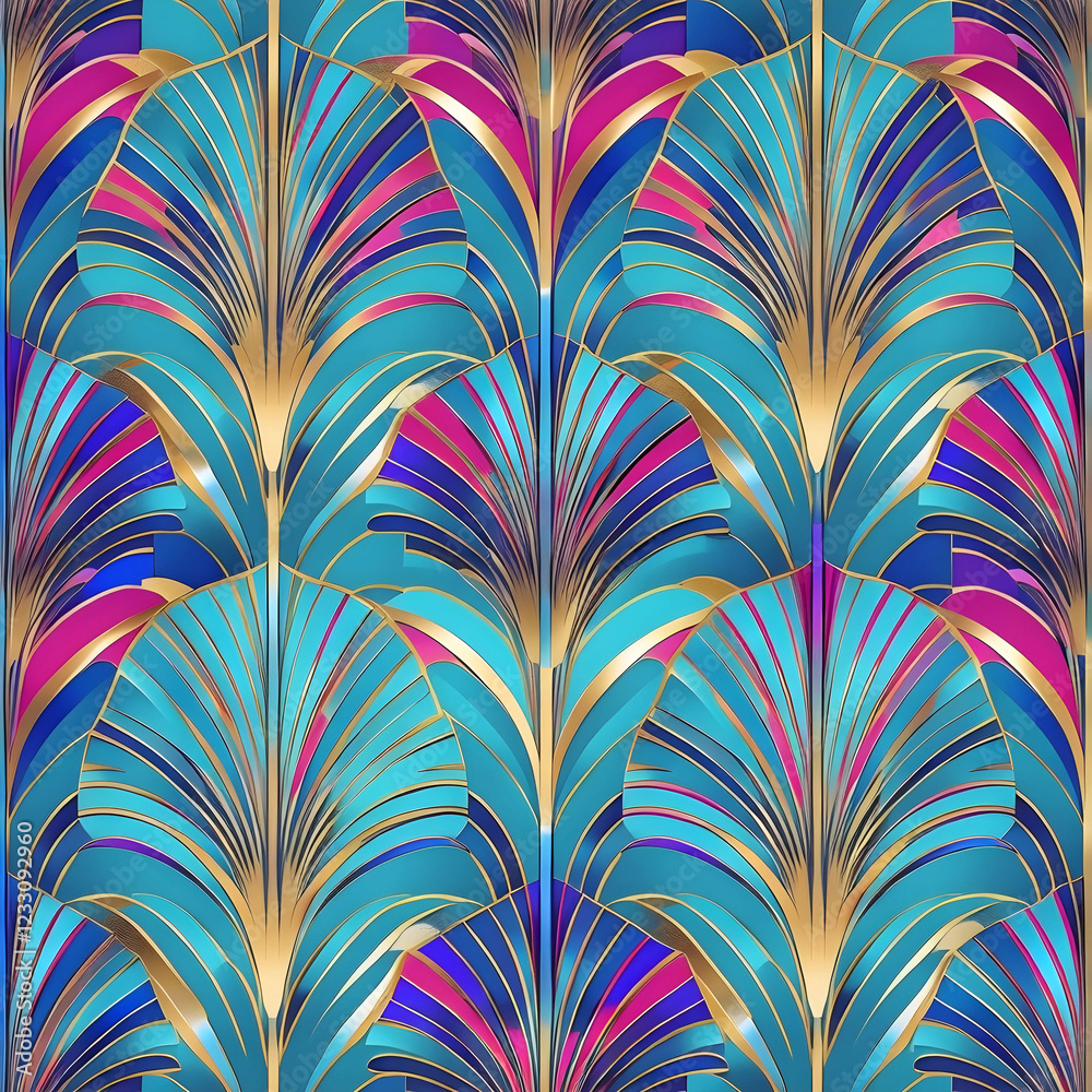Vibrant geometric Art Deco pattern with bold symmetrical design Vibrant geometric Art Deco pattern with bold symmetrical design