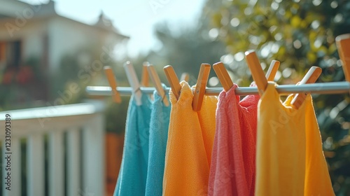 Colorful towels drying on clothesline in sunny backyard with house in background photo