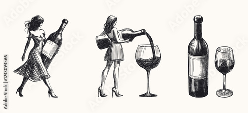 wine culture sketch set isolated black white illustrations with woman carrying oversized bottle pouring into glass for advertisement poster card design hand drawn line art detailed vector element