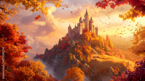 A majestic castle on a hill surrounded by colorful autumn trees and a scenic sunset. Sunset Path. Illustration
