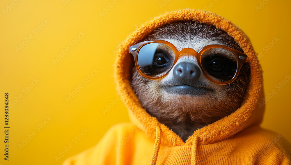 Fototapeta premium Hoodie-wearing sloth brightens day!. A cheerful sloth sporting orange sunglasses and a bright hoodie smiles against a vibrant yellow backdrop.