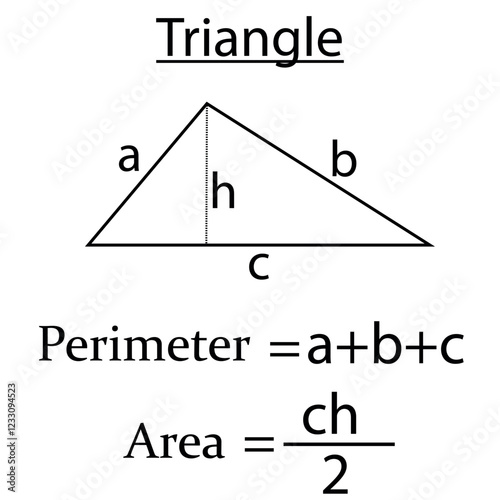 Perimeter and area of triangle in math. shapes in geometry. Vector illustration.