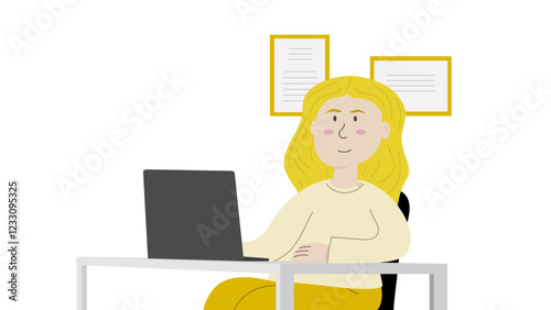 Woman with long blonde hair sitting at a desk using a black laptop on a white background