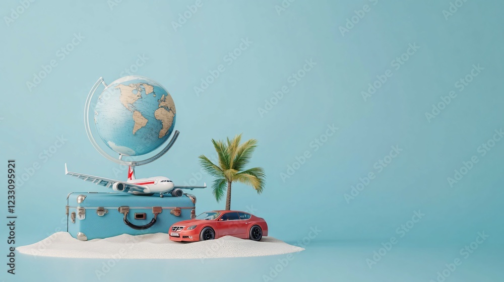 Obraz premium Globe Airplane Car Suitcase Palm Tree Sandy Beach Vacation