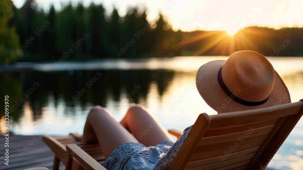 Fototapeta premium Woman relaxes in lakeside chair at sunset