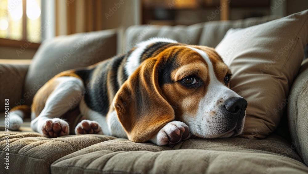 Obraz premium Beagle dog resting on a cozy couch in warm indoor lighting.