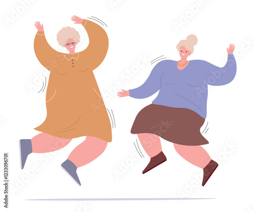 Happy old ladies dance and move actively. Cheerful grandmothers enjoy life. Vector flat graphics.