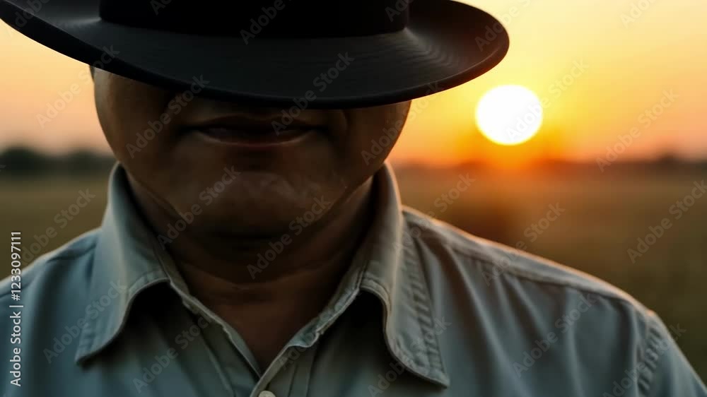 Mysterious journey at sunset: hatwearing man in scenic field Mysterious journey at sunset: hatwearing man in scenic field