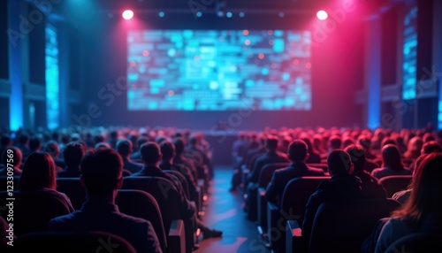 Large crowd attends tech cybersecurity workshop. Attendees focused on screen. Event held in large hall. Visuals on screen related to cyber awareness. Modern tech event. People listen. Professionals