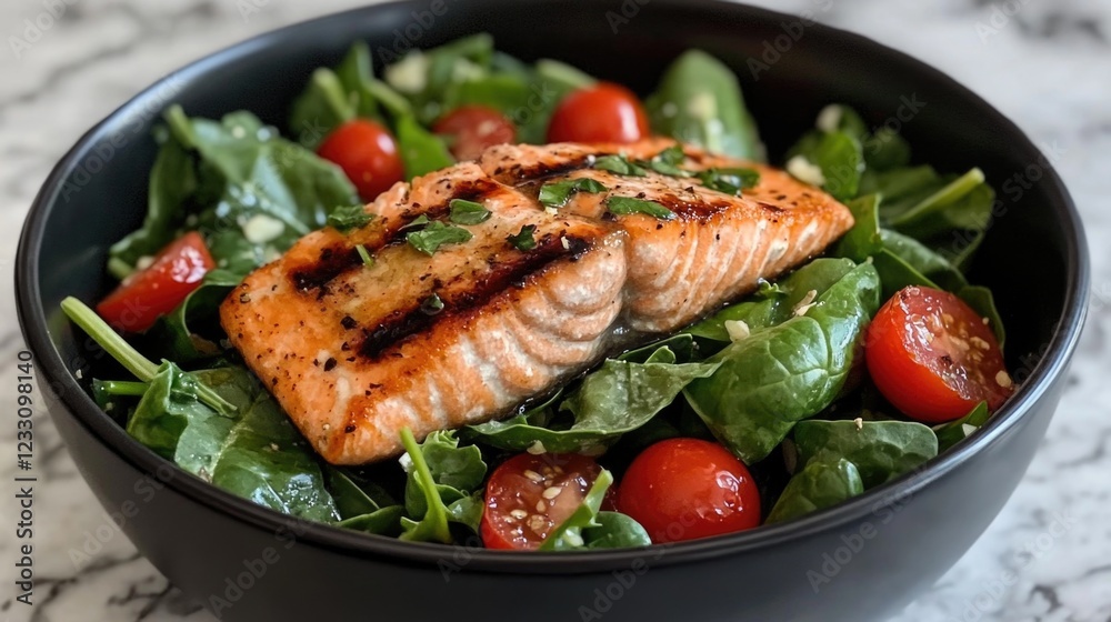 Grilled salmon on leafy spinach salad with cherry tomatoes Grilled salmon on leafy spinach salad with cherry tomatoes
