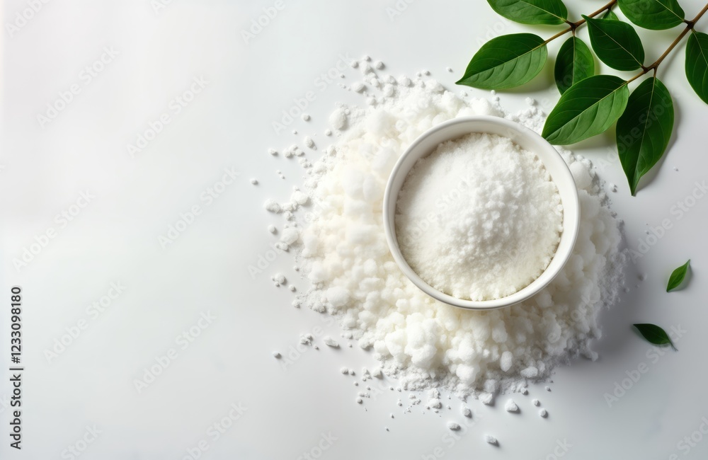 White bowl filled with Epsom salt sits on pile of loose Epsom salt crystals on white background. Fresh green leaves beside bowl. Natural ingredient for health, wellness. Healthy food ingredient. White bowl filled with Epsom salt sits on pile of loose Epsom salt crystals on white background. Fresh green leaves beside bowl. Natural ingredient for health, wellness. Healthy food ingredient.