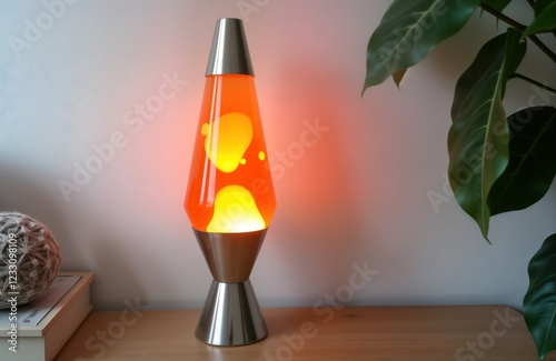 Orange lava lamp stands near white wall. Retro lamp with flowing wax. Warm lighting. Nostalgic retro design. Interior scene. Cozy atmosphere. Stylish piece for bedroom living room. Modern home decor. photo