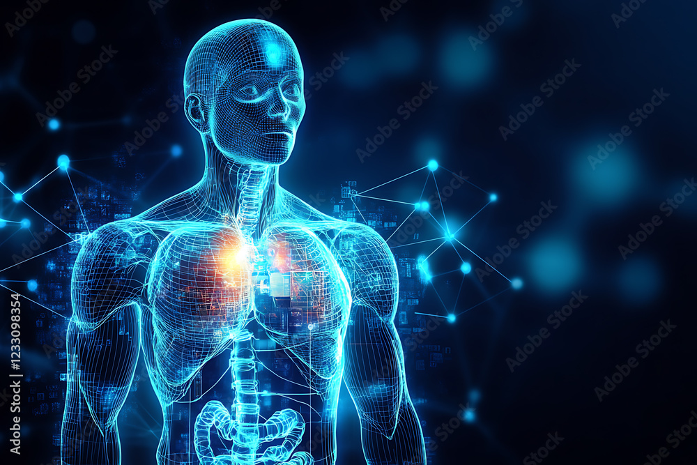 Futuristic glowing wireframe of a biohacker analyzing data Futuristic glowing wireframe of a biohacker analyzing data