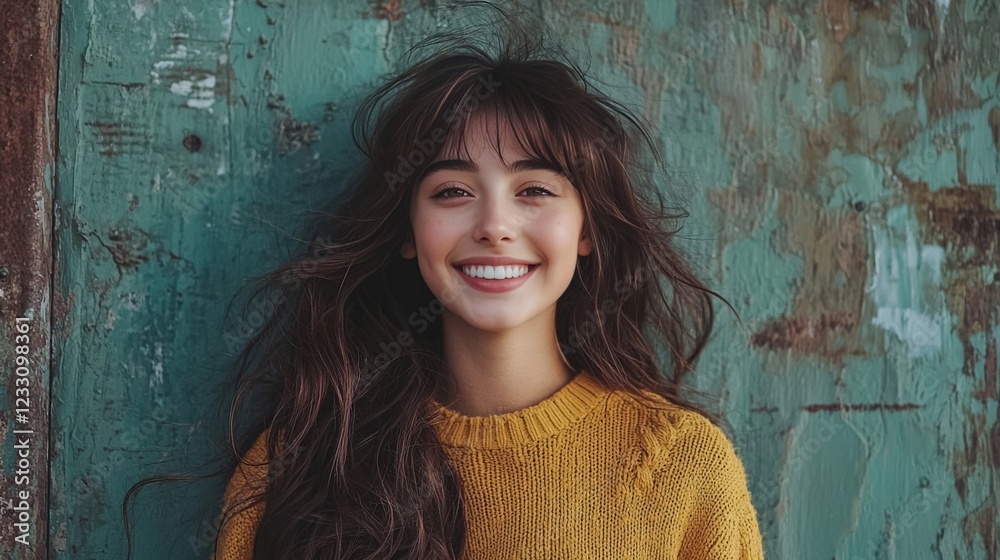 Fototapeta premium Cheerful Young Woman Smiling Against Weathered Green Background