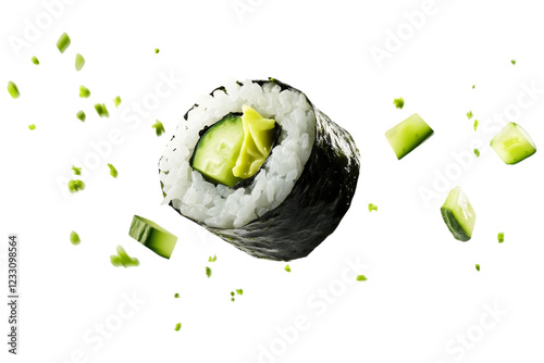 A fresh cucumber and avocado sushi roll wrapped in nori, with floating green vegetable pieces, isolated on a black background.  .