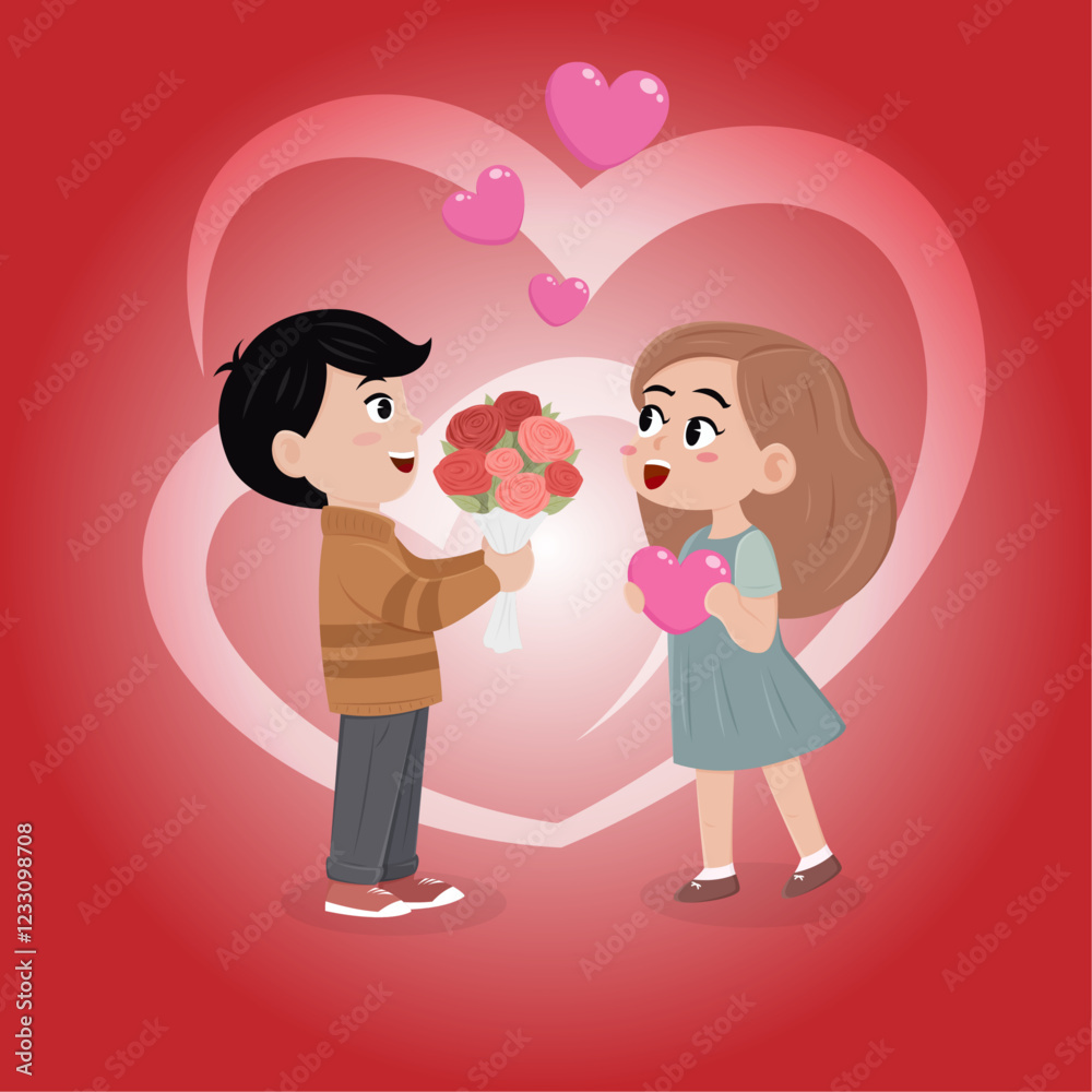 Boy and Girl sweet love valentine wedding cartoon cute illustration red heart background design Boy and Girl sweet love valentine wedding cartoon cute illustration red heart background design