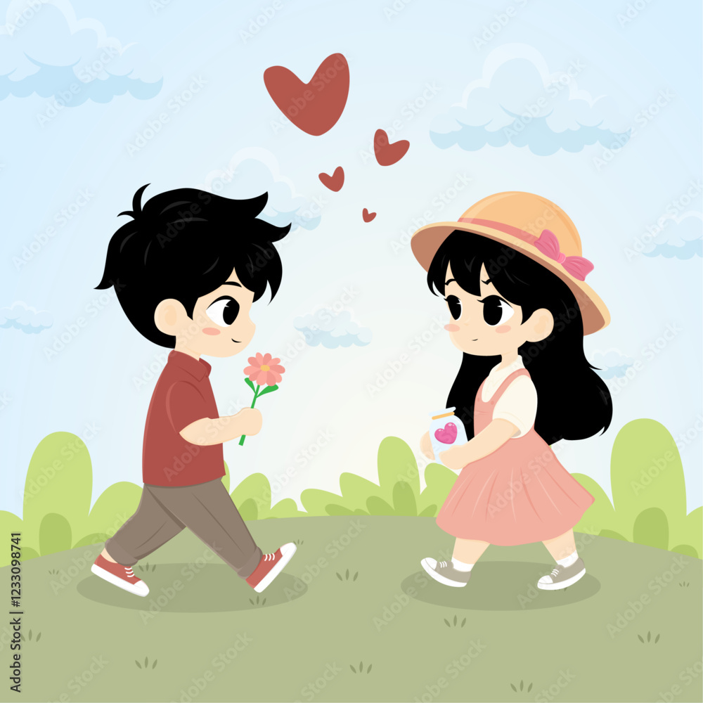 Boy and Girl sweet love valentine wedding cartoon cute illustration nature background design