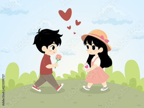 Boy and Girl sweet love valentine wedding cartoon cute illustration nature background design