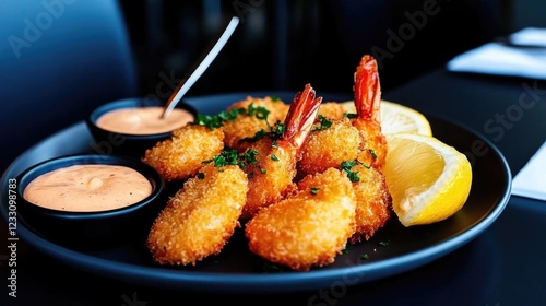 Crispy panko shrimp with dipping sauces and lemon wedges on a black plate photo