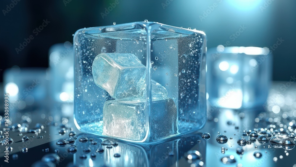 Glass filled with ice cubes and water droplets on a dark reflective surface Glass filled with ice cubes and water droplets on a dark reflective surface