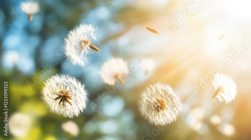 Dandelion seeds floating in the sunlight, a symbol of springtime allergies
