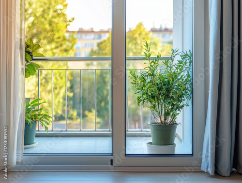 Modern sliding window reveals a serene balcony with potted plants and urban tranquility